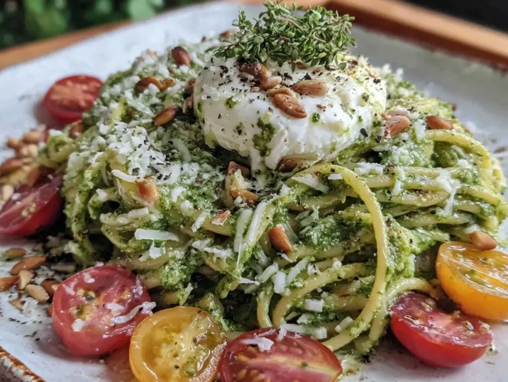 garlic scape pesto pasta - featured image