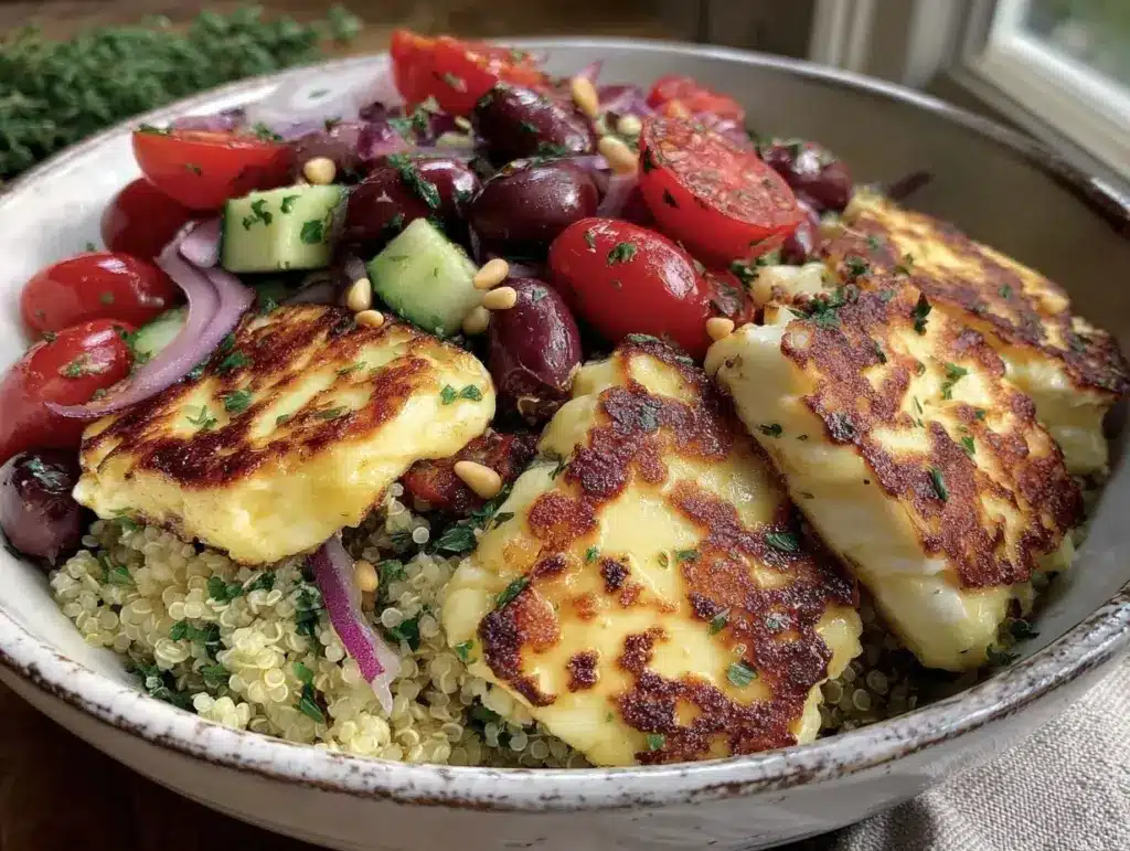 Mediterranean quinoa bowl with grilled halloumi - featured image