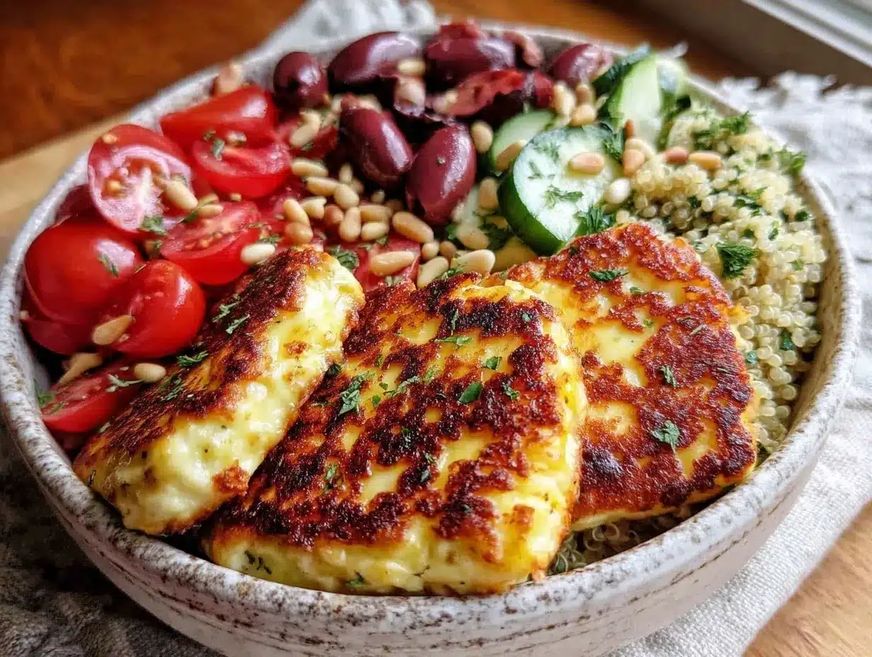 Mediterranean quinoa bowl with grilled halloumi preparation steps