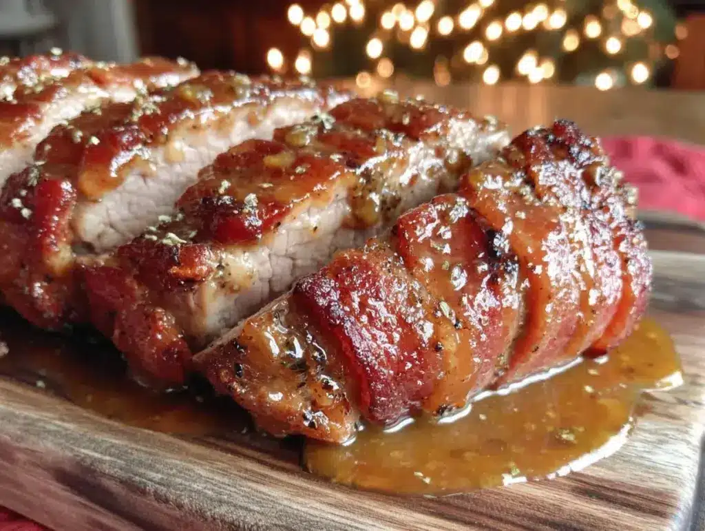 whiskey glazed bacon-wrapped pork tenderloin - featured image