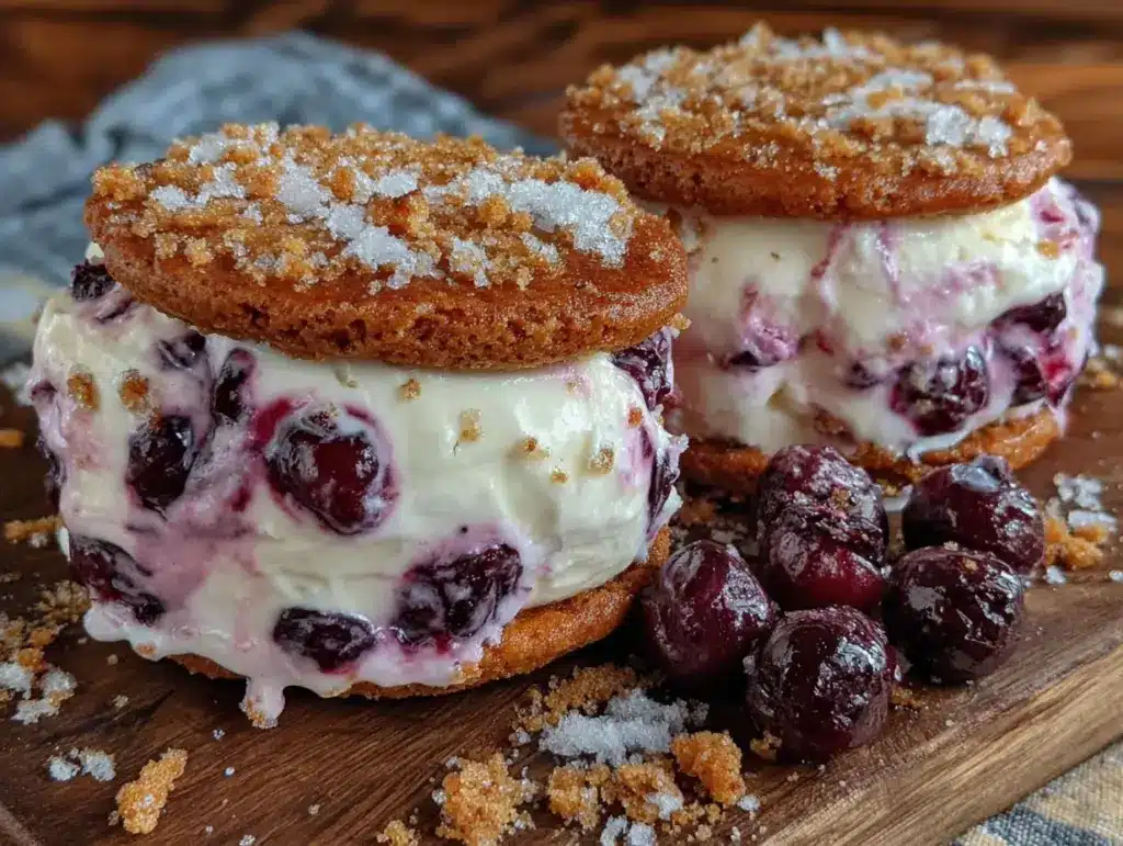 creamy roasted blueberry cheesecake ice cream sandwiches - featured image