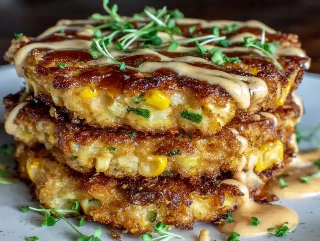 crispy yellow squash and corn fritter stack - featured image