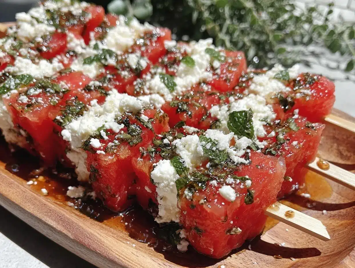 fresh watermelon feta mint skewers preparation steps