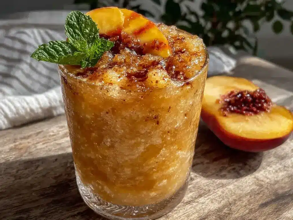 frozen peach bourbon smash slushie - featured image