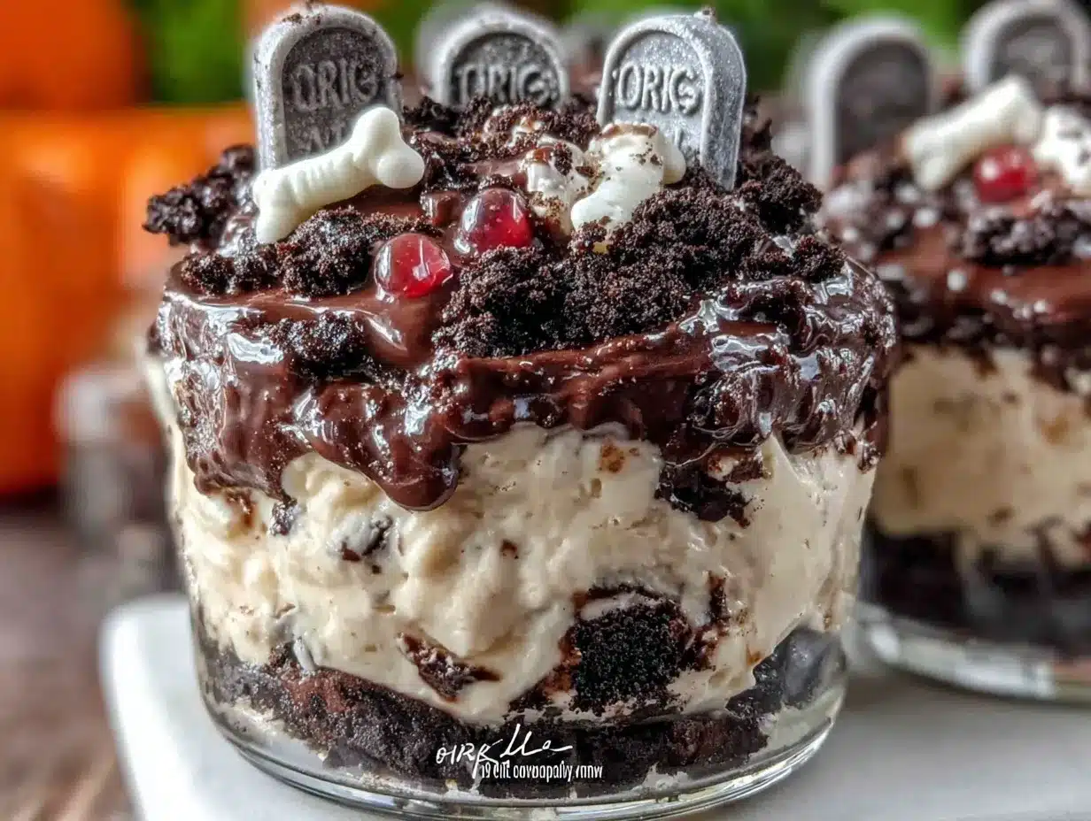 Halloween Oreo dirt cup graveyard dessert preparation steps