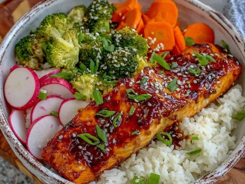 hoisin glazed salmon rice bowl - featured image