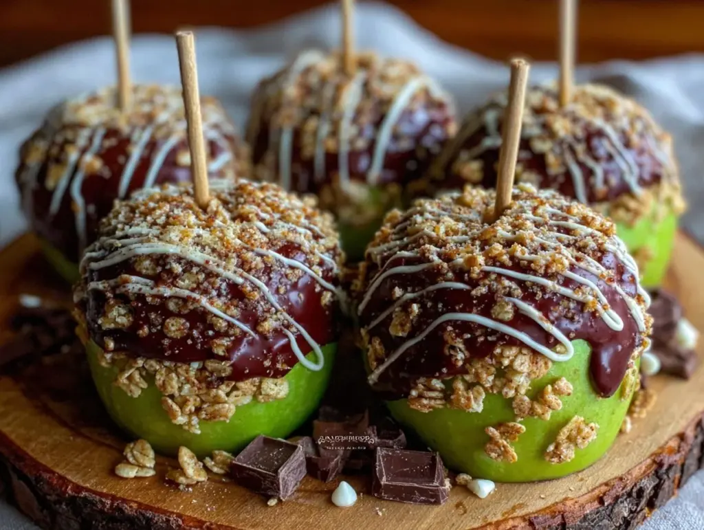 mini chocolate dipped rice crispy treat apple pops - featured image