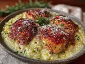 creamy garlic parmesan chicken and rice skillet - featured image